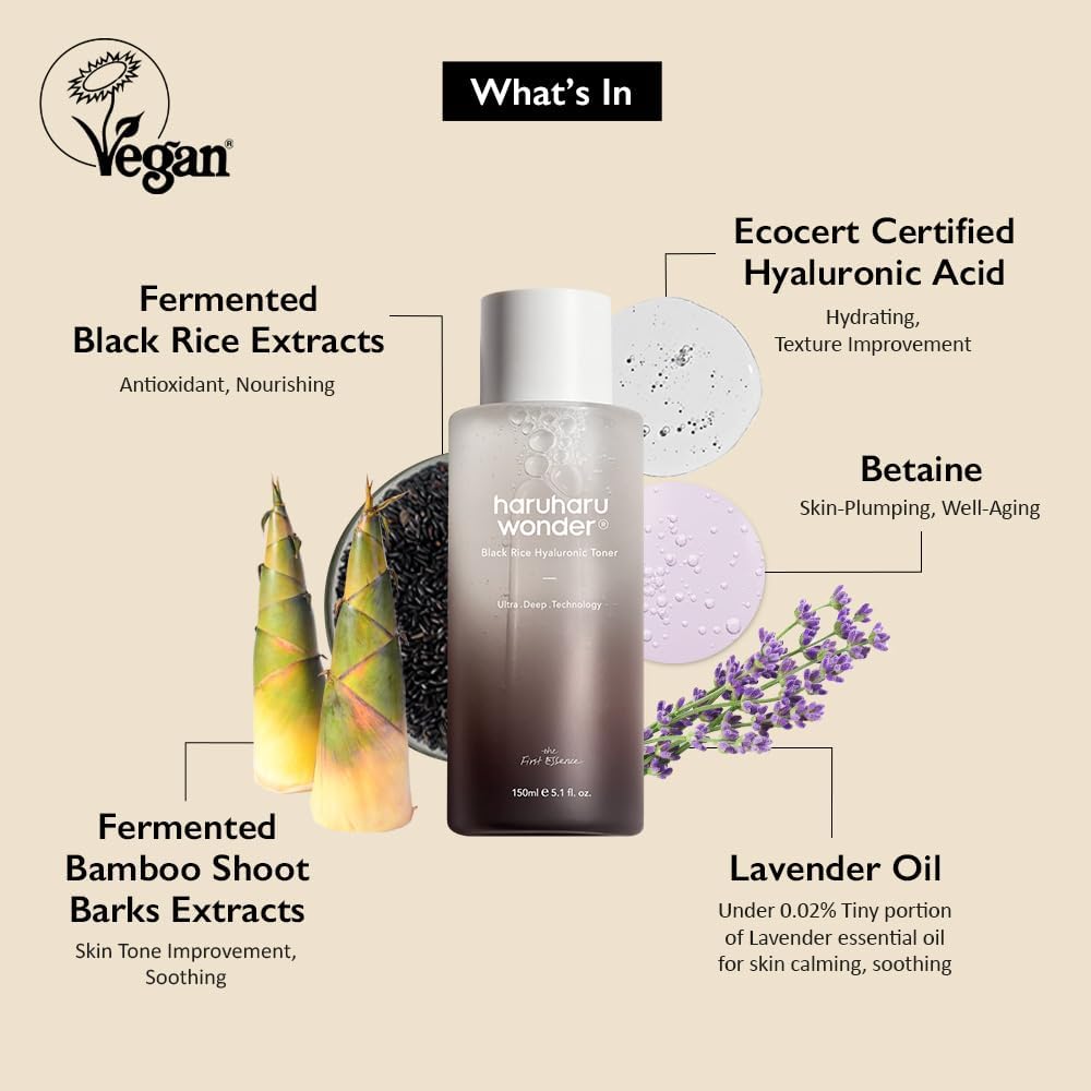 Wonder Black Rice Hyaluronic Toner - Achieve Deep Hydration and Glass Skin with Vegan-Friendly Formula, Infused with Lavender Oil and Skin-Plumping Hyaluronic Acid, 5.1 Fl.Oz
