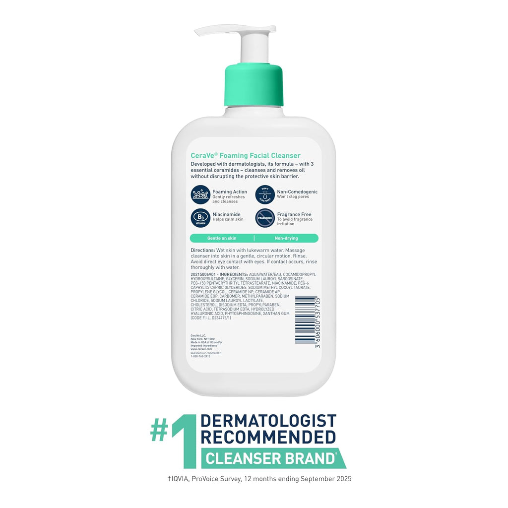 Revitalize Your Skin with CeraVe Foaming Facial Cleanser – Daily Face Wash for Oily Skin Infused with Hyaluronic Acid, Ceramides, and Niacinamide – Fragrance-Free and Non-Drying, 16 Fl Oz